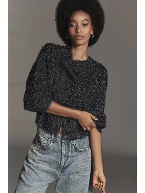 Anthropologie boat-neck tinsel cardigan sweater Navy Blue XL